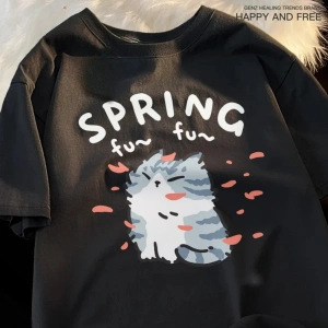 Siyah Karikatür Sevimli Kedi ve Köpek Desen Eğlenceli Tshirt bol Tees Sokak Serin Kısa