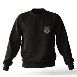 Sıyah Karpşonsuz 0 Yaka Pamuklu Kurt Baskılı Unisex Sweatshirt Siyah