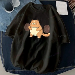 Siyah Kedi Halter baskılı Çalışma Komik Spor Salonu Tasarım Etiket Grafik li T