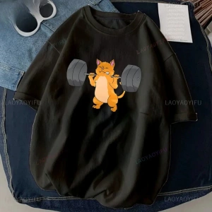 Siyah Kedi Halter baskılı Çalışma Komik Spor Salonu Tasarım Etiket Grafik li T