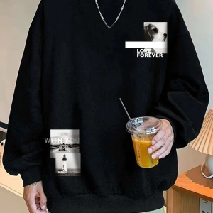 Siyah Love Forever Baskılı Oversize Bisiklet Yaka Sweatshirt