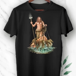 Siyah Mitoloji Denizler Tanrısı Poseidon Baskılı Unısex Tişört