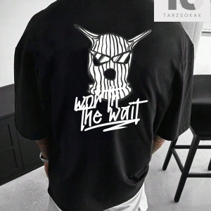 Siyah Örme Erkek Eğlenceli Baskı Yuvarlak Yaka Düşük Omuz Tişört