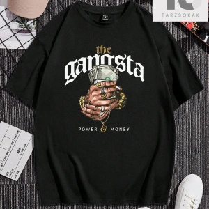 Siyah Örme Erkek Komik Baskılı Yuvarlak Yaka Kısa Kollu Tişört