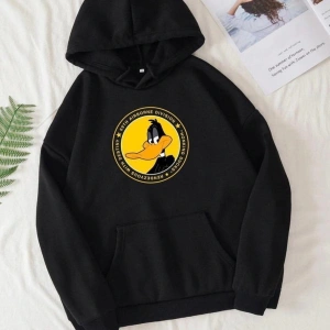 Siyah Oversize 0 Yaka Kapşonsuz Daffy Duck Baskılı Pamuklu Sweatshirt