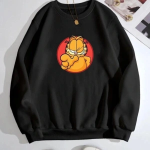 Siyah Oversize 0 Yaka Kapşonsuz Garfield Baskılı Unisex Pamuklu Sweatshirt