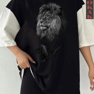 Siyah Oversize Çift Renk ASLAN 3 Baskılı Unisex Tshirt