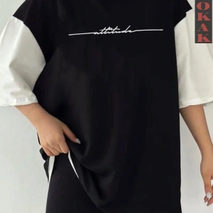 Siyah Oversize Çift Renk ATTİUDE Baskılı Unisex Tshirt