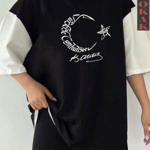 Siyah Oversize Çift Renk AY Baskılı Unisex Tshirt