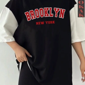 Siyah Oversize Çift Renk BROOKLYN  Baskılı Unisex Tshirt