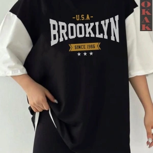 Siyah Oversize Çift Renk BROOKLYN  Baskılı Unisex Tshirt