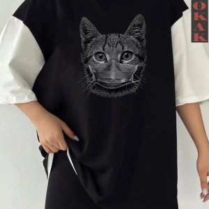 Siyah Oversize Çift Renk CAT  Baskılı Unisex Tshirt