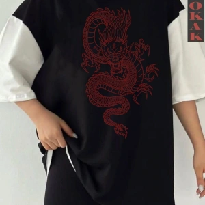 Siyah Oversize Çift Renk EJDERHA  Baskılı Unisex Tshirt