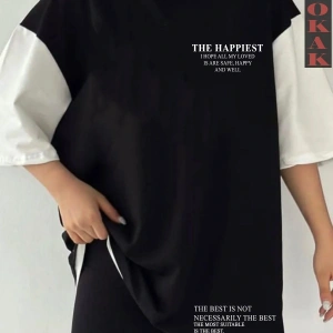 Siyah Oversize Çift Renk HAPPİEST YAZI  Baskılı Unisex Tshirt