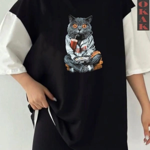 Siyah Oversize Çift Renk KEDİ CAT YAZI  Baskılı Unisex Tshirt