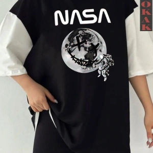 Siyah Oversize Çift Renk NASSA SESİ YAZI  Baskılı Unisex Tshirt