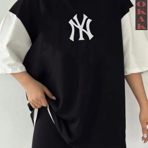 Siyah Oversize Çift Renk NY YANK SESİ YAZI  Baskılı Unisex Tshirt