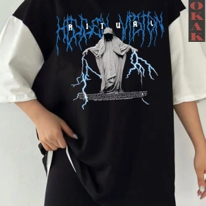 Siyah Oversize Çift Renk RİTUAL YAZI  Baskılı Unisex Tshirt