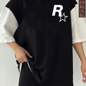 Siyah Oversize Çift Renk ROCKSSTAR  Baskılı Unisex Tshirt