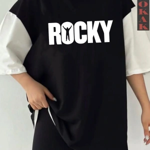 Siyah Oversize Çift Renk ROCKY  Baskılı Unisex Tshirt