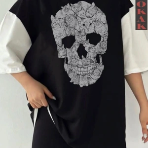 Siyah Oversize Çift Renk SKULL  Baskılı Unisex Tshirt