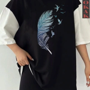 Siyah Oversize Çift Renk TÜY  Baskılı Unisex Tshirt