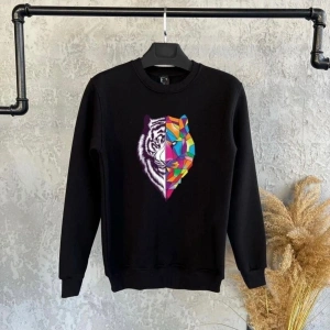 Siyah Oversize Kaplan Baskılı Kapşonsuz 0 Yaka Pamuklu Unisex Sweatshirt