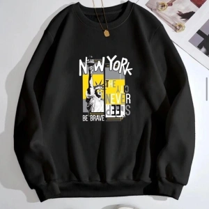 Siyah Oversize Kapşonsuz 0 Yaka Newyork Baskılı Pamuklu Unisex Sweatshirt