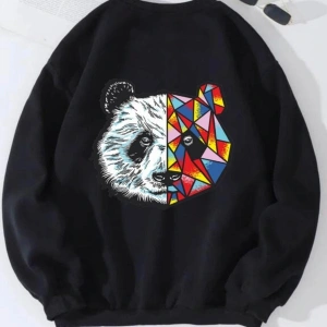 Siyah Oversize Panda Baskılı Pamuklu 0 Yaka Kapşonsuz Unisex Sweatshirt