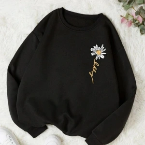 Siyah Oversize Papatya Baskılı 0 Yaka Kapşonsuz Pamuklu Kadın Sweatshirt