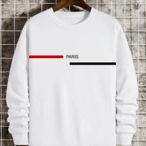 Siyah Oversize Paris Şerit Baskılı Pamuklu Kapşonsuz Bisiklet Yaka Unisex Sweatshirt