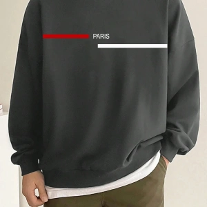 Siyah Oversize Paris Şerit Baskılı Pamuklu Kapşonsuz Bisiklet Yaka Unisex Sweatshirt