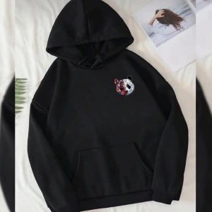 Siyah Oversize Renkli Panda Baskılı Kapşonlu Kanguru Cepli Pamuklu Sweatshirt