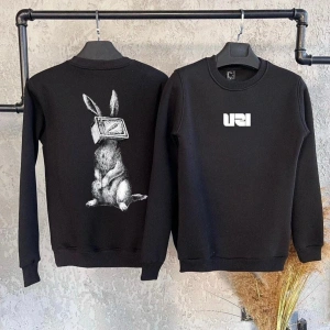 Siyah Oversize Tavşan Ön Arka Baskılı Kapşonsuz 0 Yaka Pamuklu Unisex Sweatshirt
