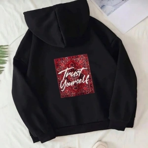 Siyah Oversize Trust Yourself Baskılı Kapşonlu Kanguru Cepli Pamuklu Sweatshirt