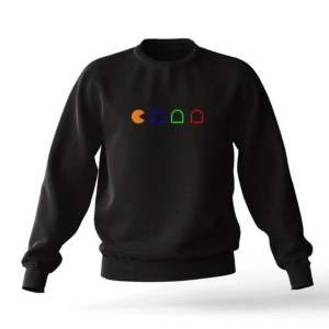Siyah Oversıze Unisex Pacman Baskılı Pamuklu Kapşonsuz 0 Yaka Sweatshirt