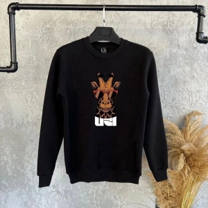 Siyah Oversize Zürafa Baskılı Kapşonsuz 0 Yaka Pamuklu Unisex Sweatshirt