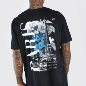 Siyah Paris Baskılı Oversize Bisiklet Yaka T-shirt