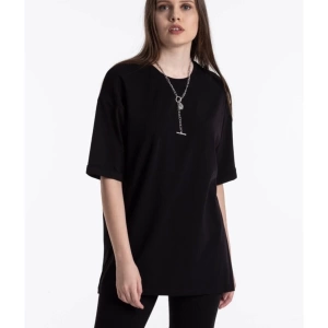 Siyah Renkli, Düz, Kısa Kollu Boyfriend Örme T-shirt