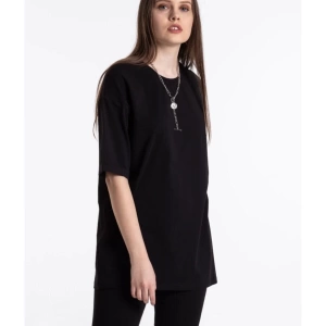 Siyah Renkli, Düz, Kısa Kollu Boyfriend Örme T-shirt