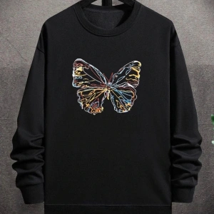Siyah Renkli Kelebek Baskılı 0 Yaka Kapşonsuz Pamuklu Sweatshirt