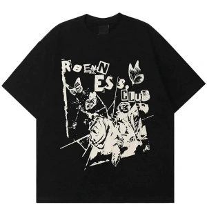 Siyah Rreenness Clup Baskılı Oversize Bisiklet Yaka Erkek Tişört