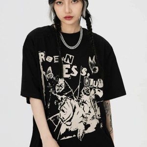 Siyah Rreenness Clup Baskılı Oversize Bisiklet Yaka Erkek Tişört