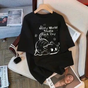 Siyah s Round Neck Short Sleeve Loose Cute Cat Print Summer Y2K Kawaii Wo