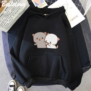 Siyah Şeftali Ve Goma HoodieŞeftali Kedi Mochi Sevimli Romantik KawaiiArka