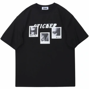 Siyah Sticker Baskılı Oversize Bisiklet Yaka Erkek Tişört