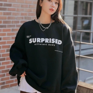 Siyah Surprised Yazı Baskılı Oversize Bisiklet Yaka Sweatshirt