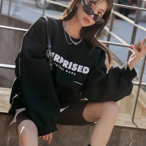 Siyah Surprised Yazı Baskılı Oversize Bisiklet Yaka Sweatshirt