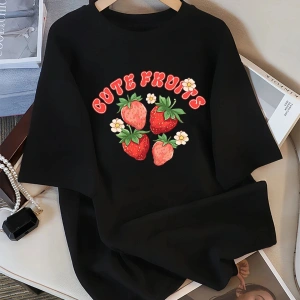 Siyah Taze Çilek Meyve Baskılar Sokak Yaz Tees Serin Nefes Spor