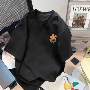 Siyah Trendy Yaz Beş Kollu Üst Mor Çiçek Baskı Basit Çok Yönlü Bisiklet Yaka Üst Mor Çiçek G